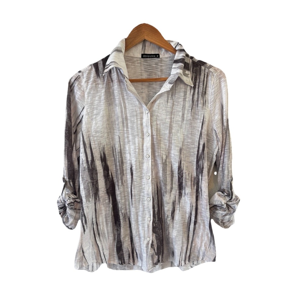David Cline Crushed Snap Front Top M Tan Gray Abstract Splatter Art to Wear